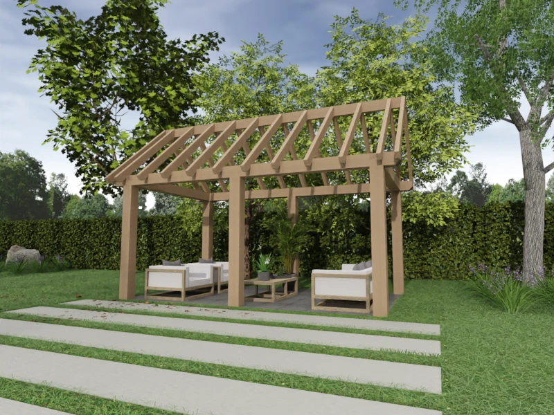 Overkapping Zadeldak Douglas 3000mm diep - 150mm balken – fijn bezaagd