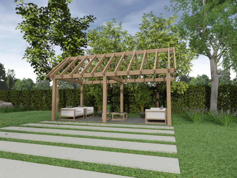 Overkapping Zadeldak Douglas 3500mm diep - 150mm balken – fijn bezaagd