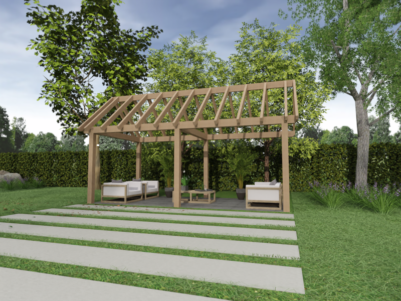 Overkapping Zadeldak Douglas 3500mm diep - 150mm balken – fijn bezaagd