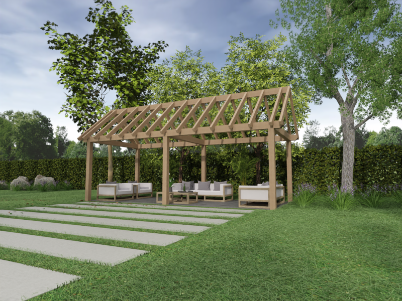 Overkapping Zadeldak Douglas 4000mm diep - 150mm balken – fijn bezaagd