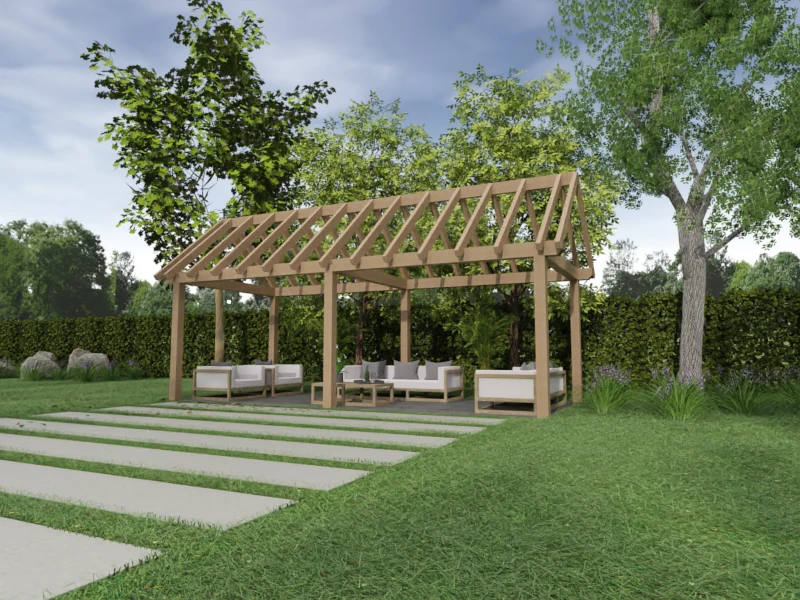 Overkapping Zadeldak Douglas 4000mm diep - 150mm balken – fijn bezaagd